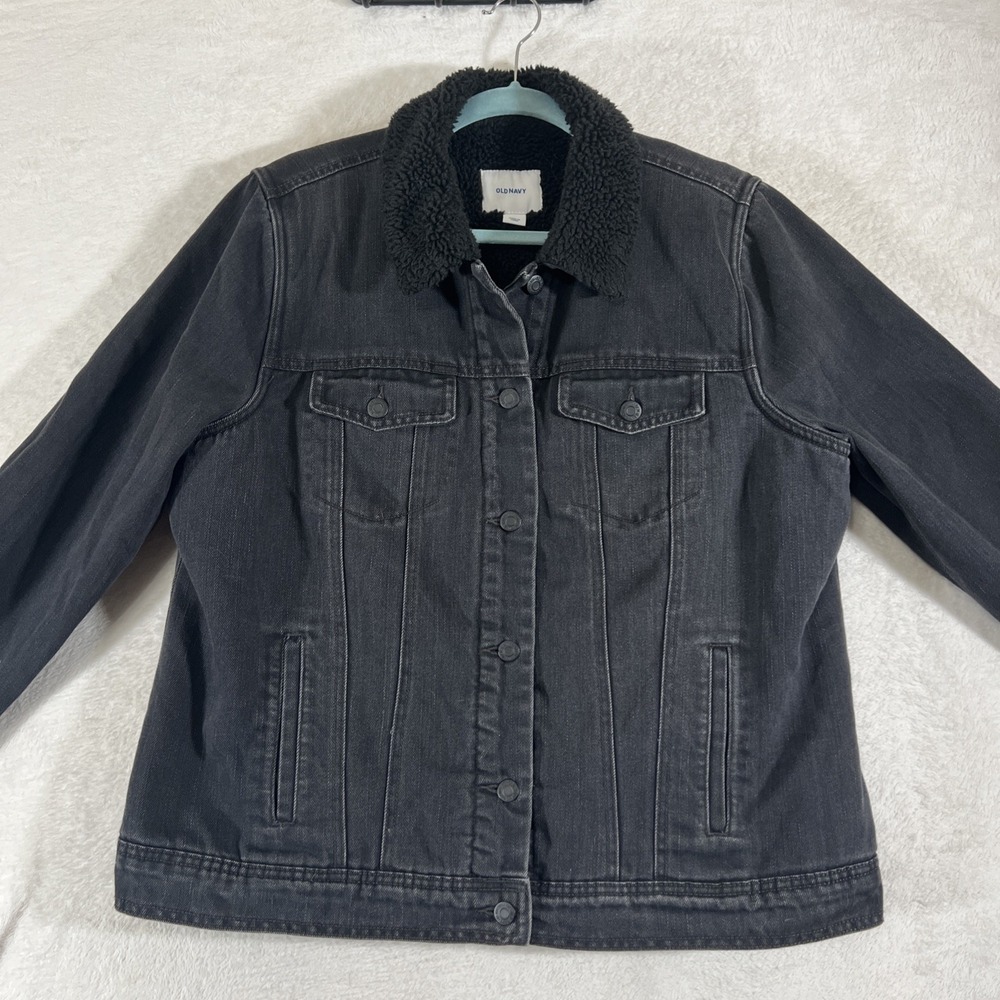 Old Navy Jean Jacket Womens XLarge Black Denim Sherpa Collar and Lining Western